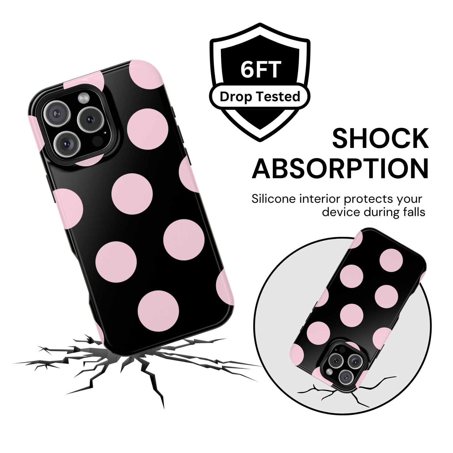 Pink On Black Large Polka Dots